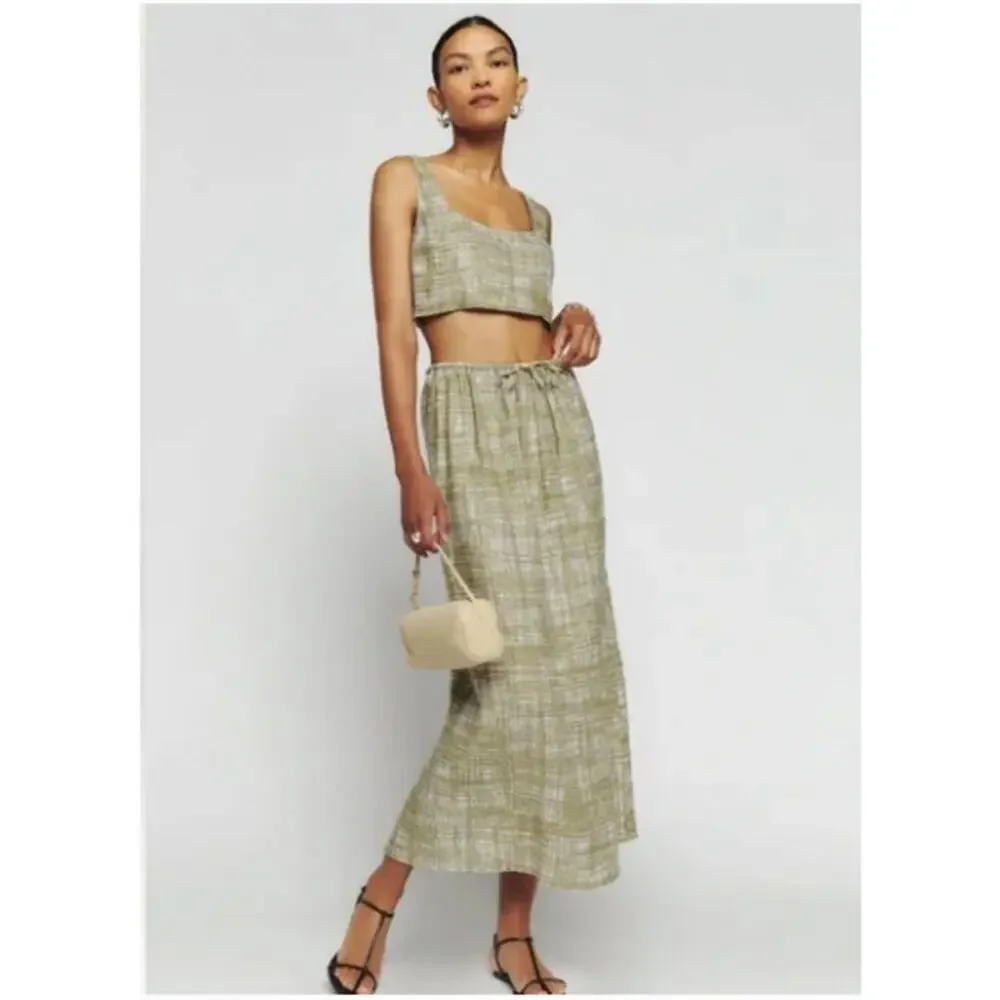 Reformation Amir Two Piece Skirt Set Tan Beige 100% Linen Back Slit Size Medium